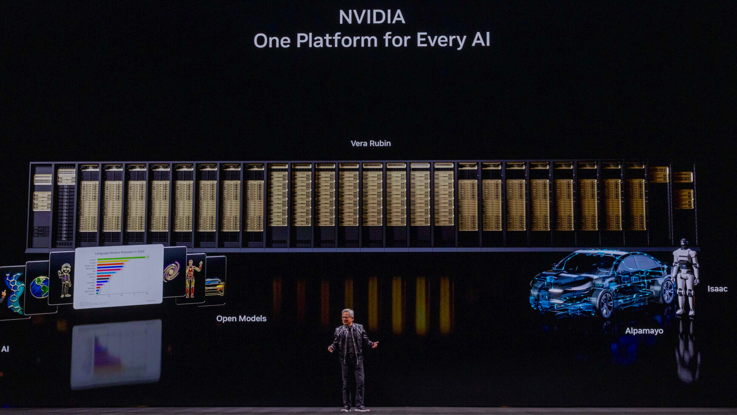 Nvidia CEO Jensen Huang speaks on stage at an event promoting the company's Nvidia One Platform.
