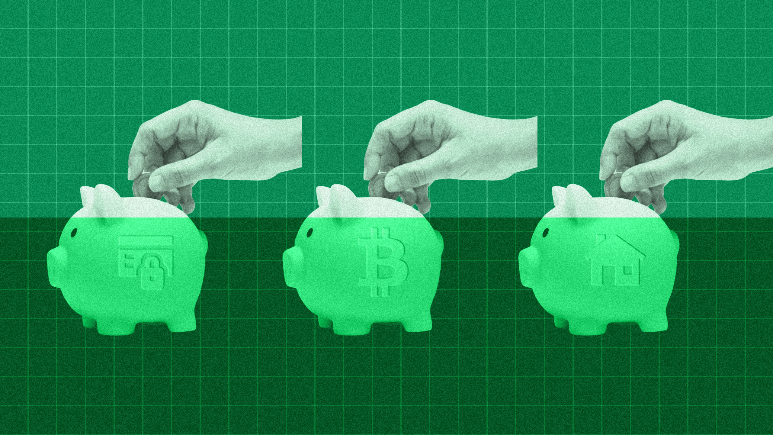 Photo illustration of three piggy banks representing private credit, cryptocurrency, and real estate