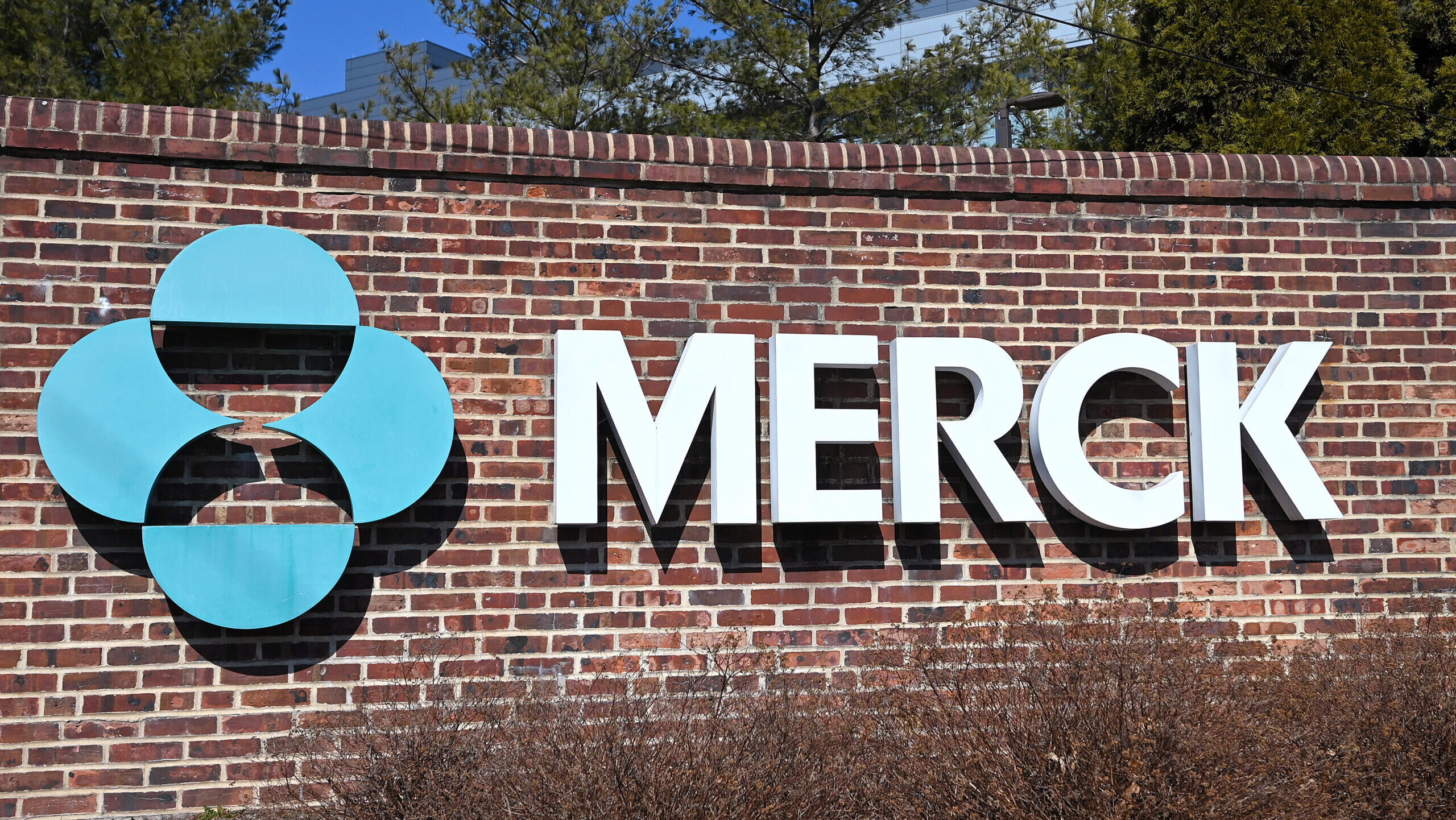 Photo of the Merck Pharmaceutical logo outside a building.