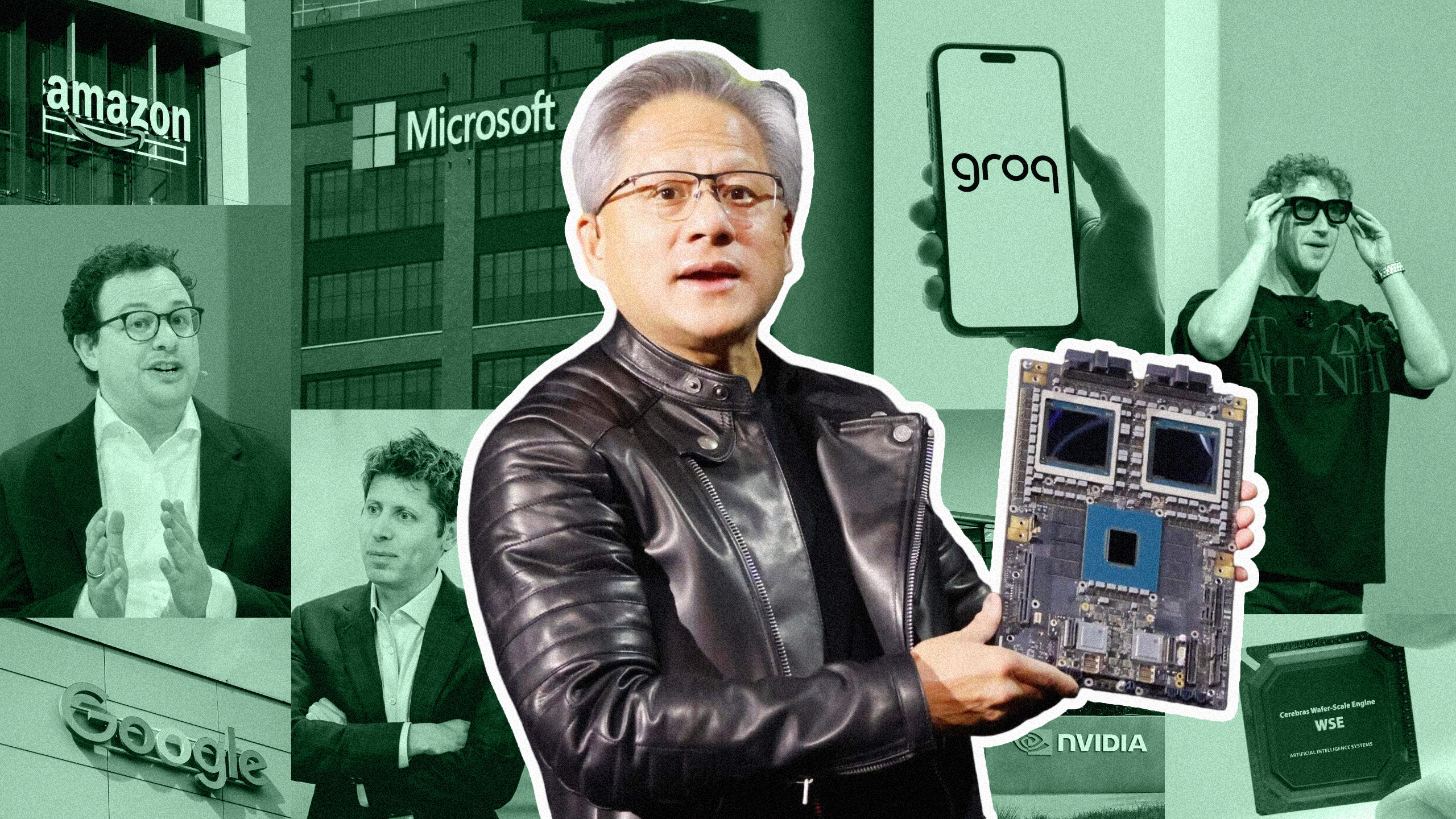 Photo of Jensen Huang in front of a collage of Amazon, Anthropic, Google, Microsoft, OpenAI, Groq, Meta, and Cerebras photos