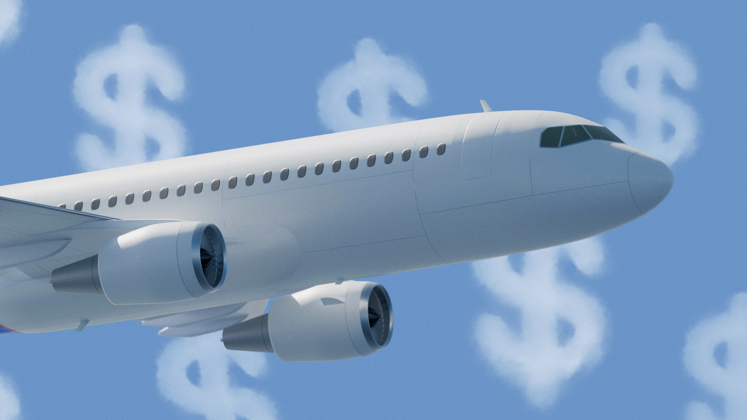 Photo illustration of a plane flying behind clouds shaped as dollar signs