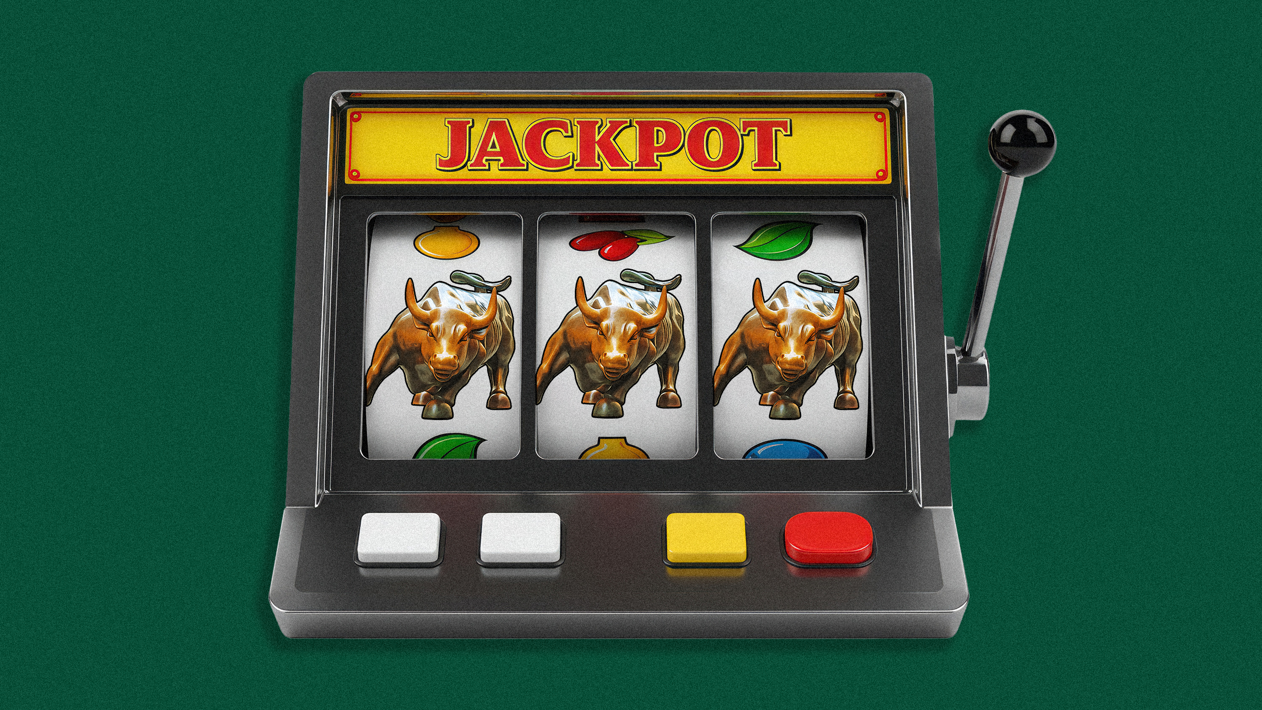 Photo illustration of a slot machine with three icons of the Wall Street Bull in a row