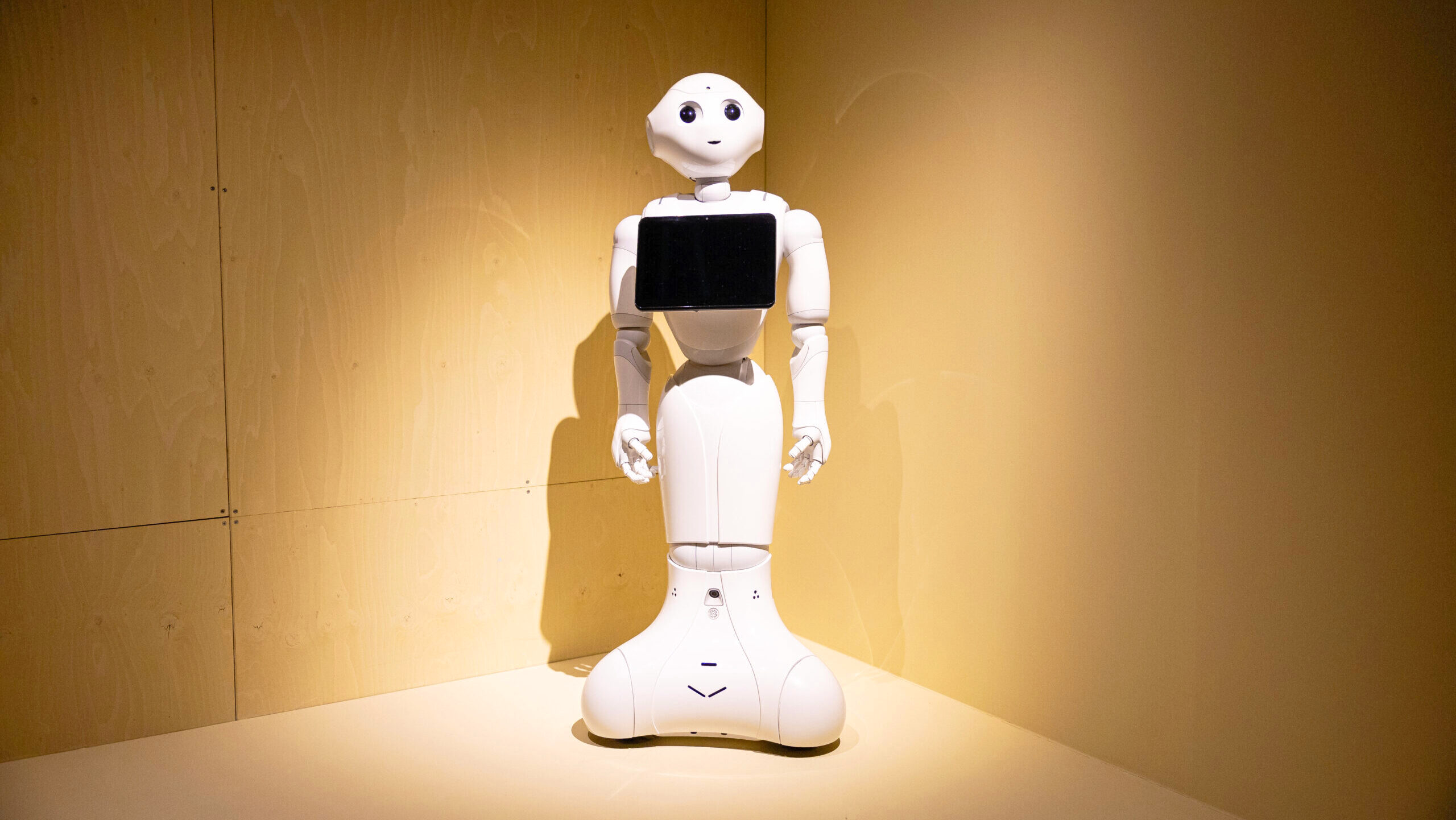 A Softbank "Pepper" robot is displayed in London, UK.