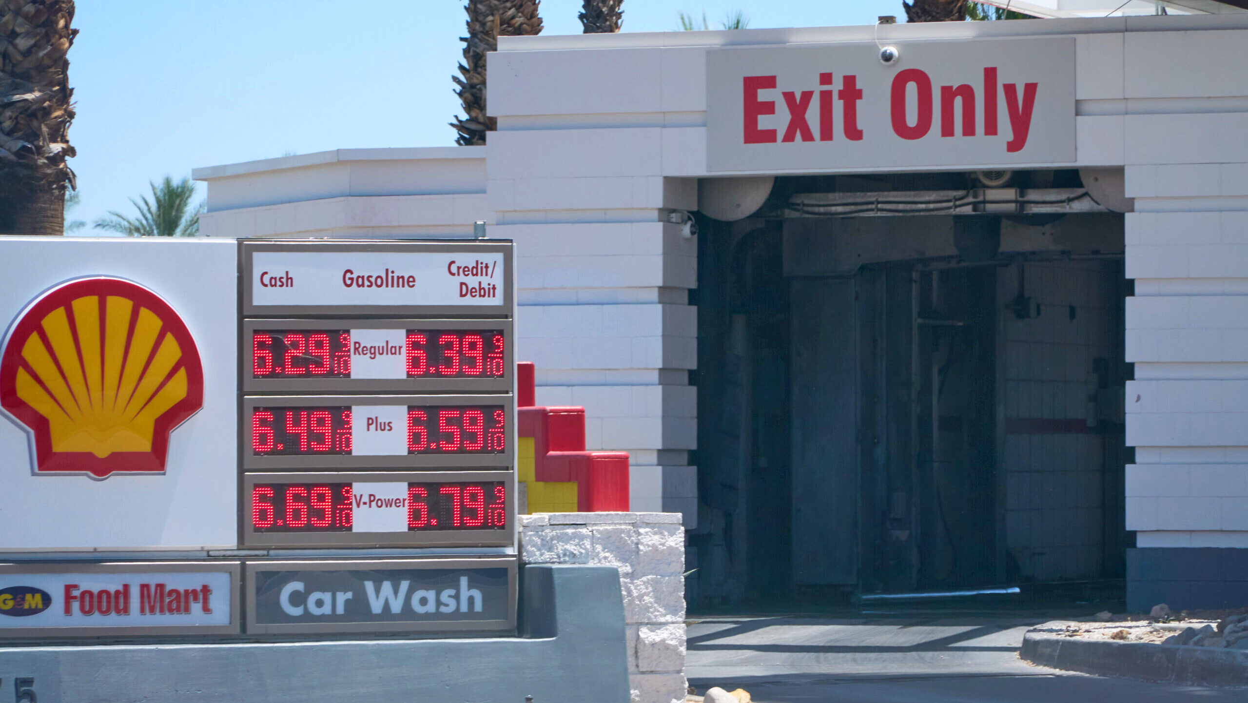 Gasoline prices are displayed at a Shell gas station in Palm Springs, California, on May 6, 2026.