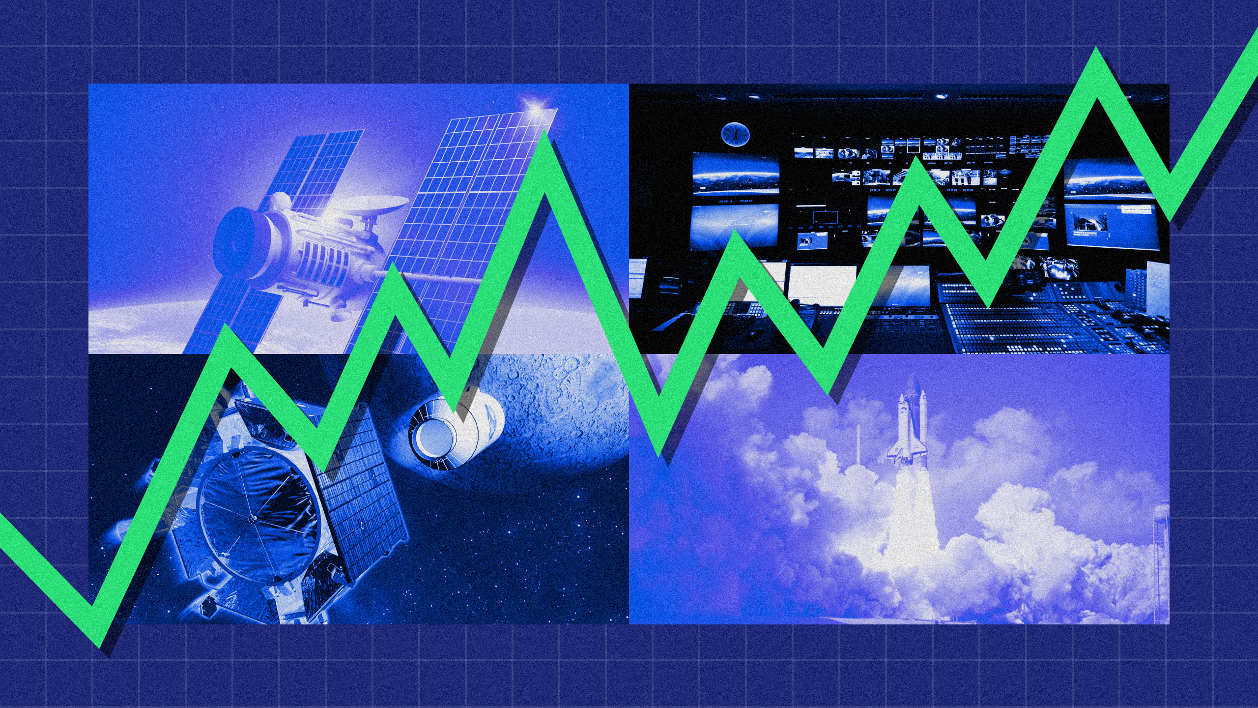 Photo collage of different photos of space, satellites, rockets, etc.