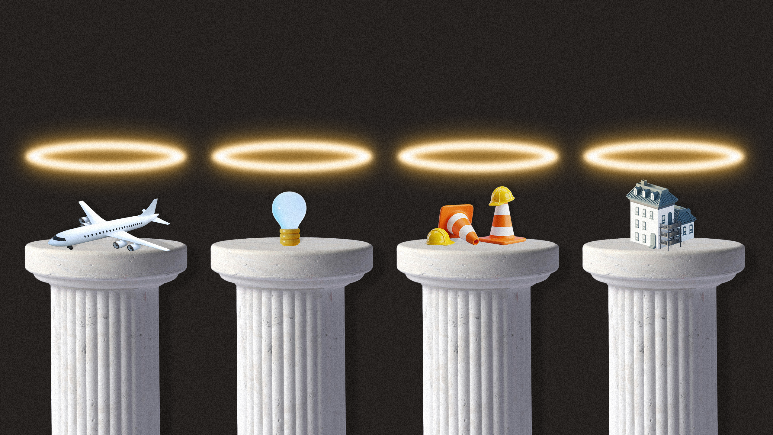Photo illustration of four pillars with a plane, light bulb, construction cones, and a house on each one, and halos on top of them