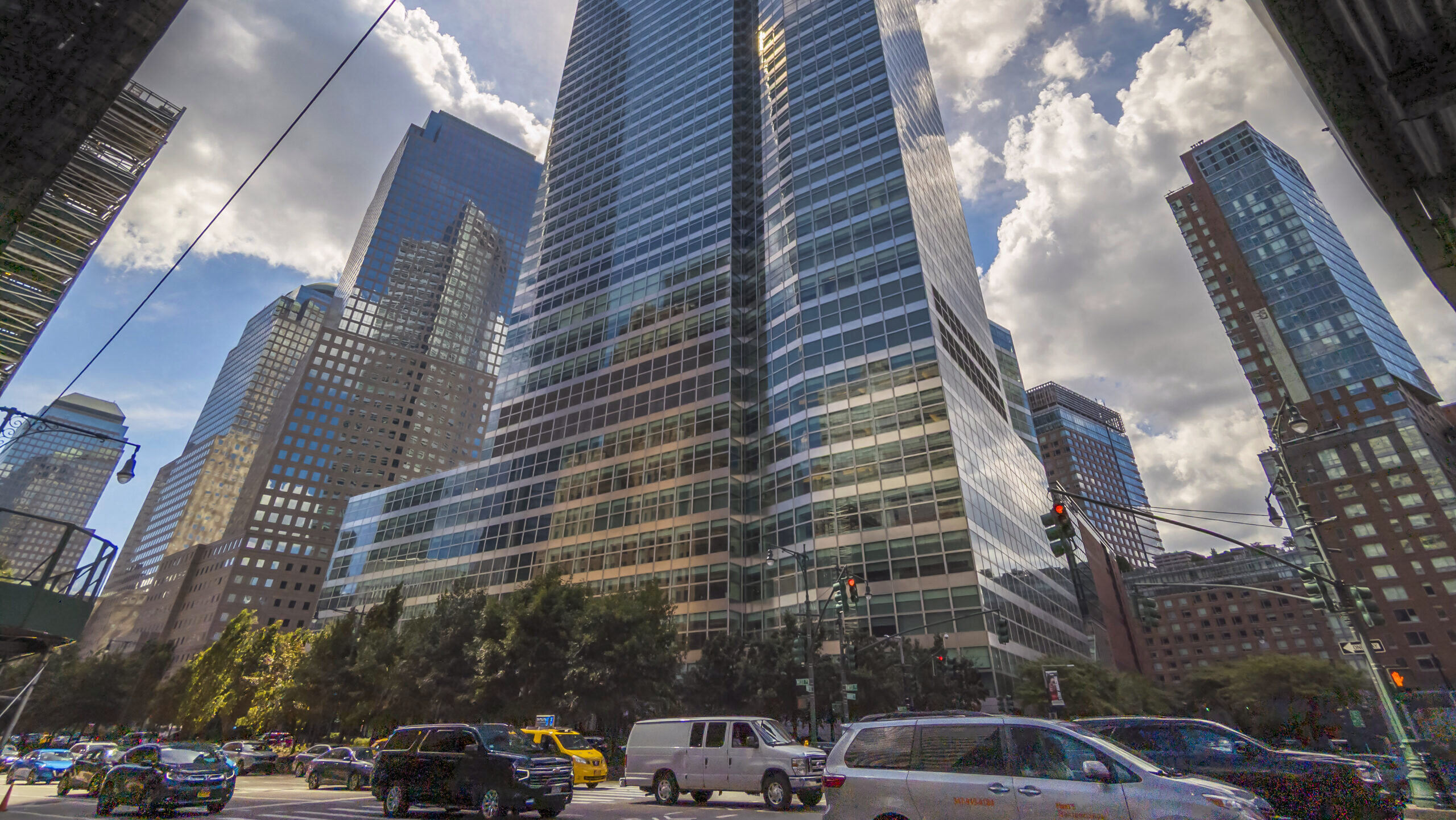 The Goldman Sachs headquarters in New York at 200 West Street is shown on a partly cloudy day.