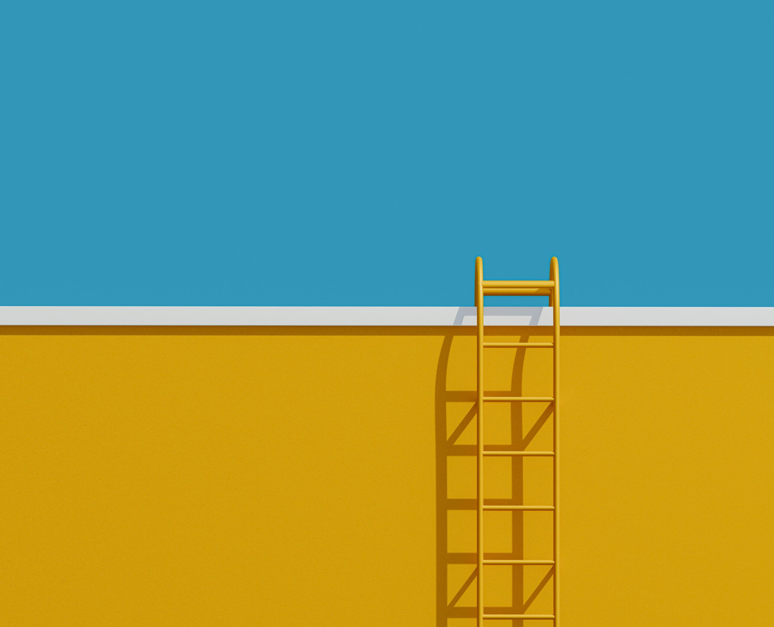Image of a ladder over a yellow wall underneath a blue sky.