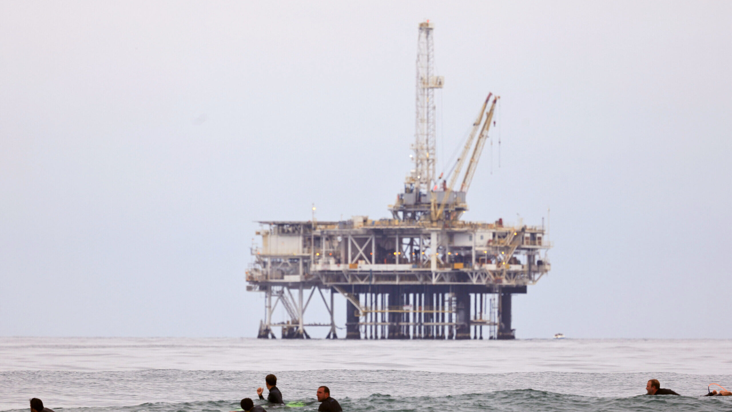Photo of an oil rig off the coast of Huntington Beach, CA.