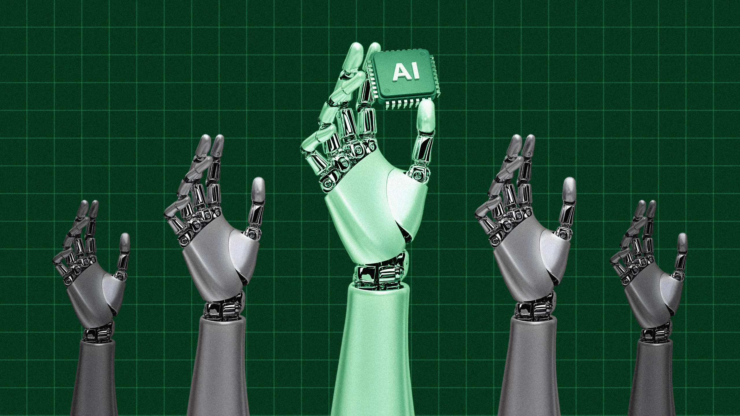 Photo illustration of robotic hands in a line, with the one in the center holding an AI chip