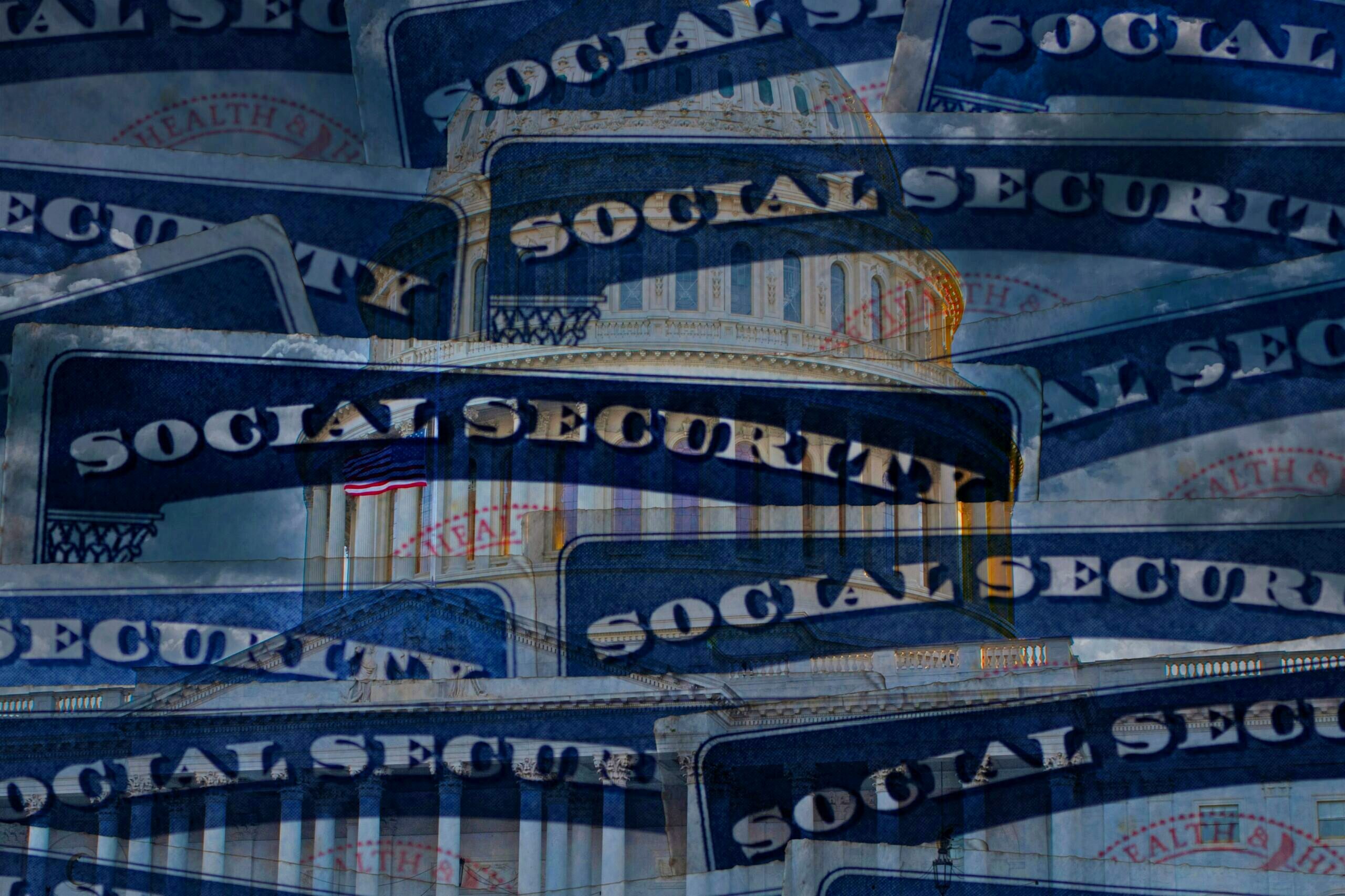 Abstract photo of many Social Security cards superimposed over the US Capitol building.