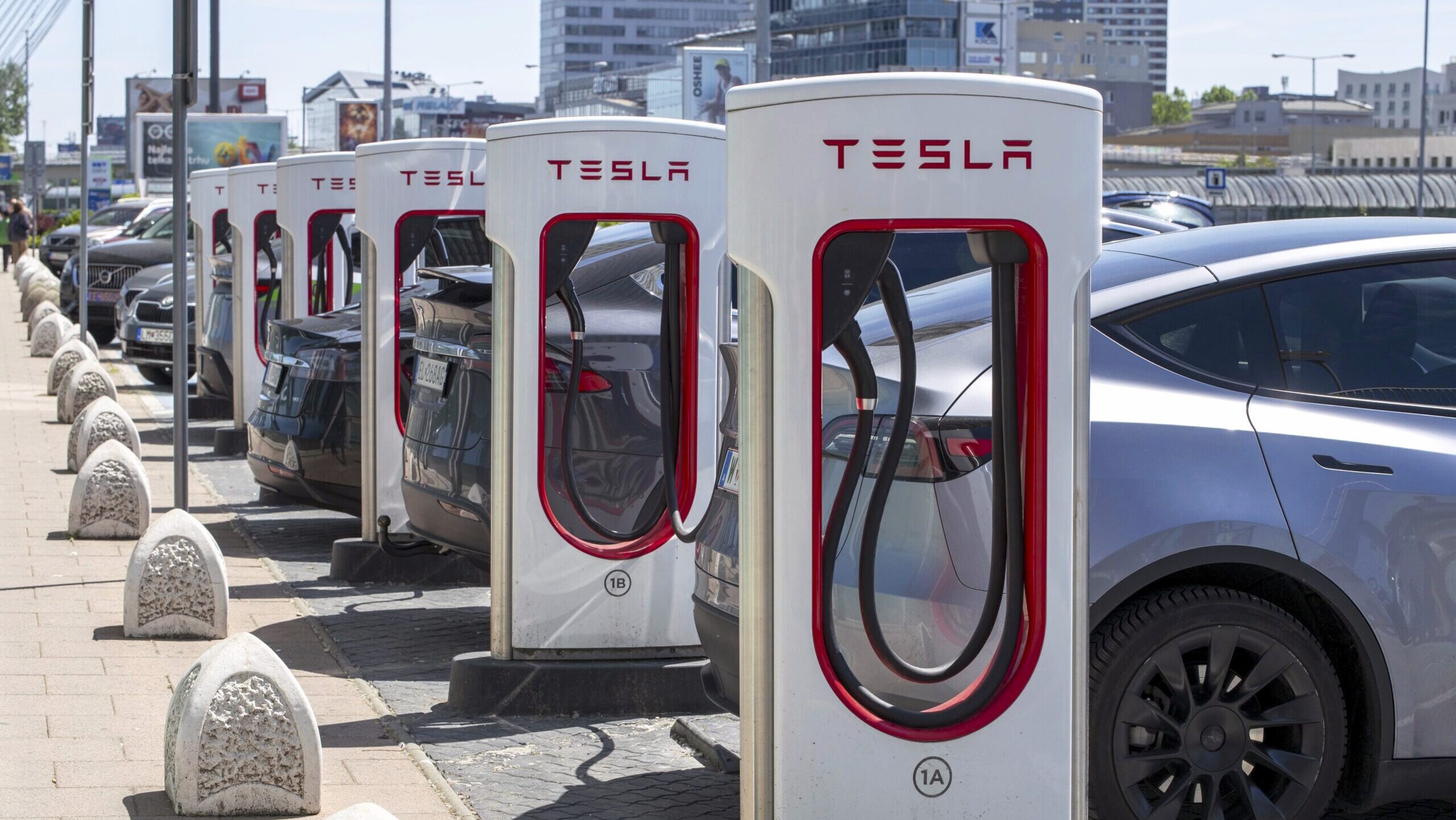 Photo of a row of Tesla cars charging.